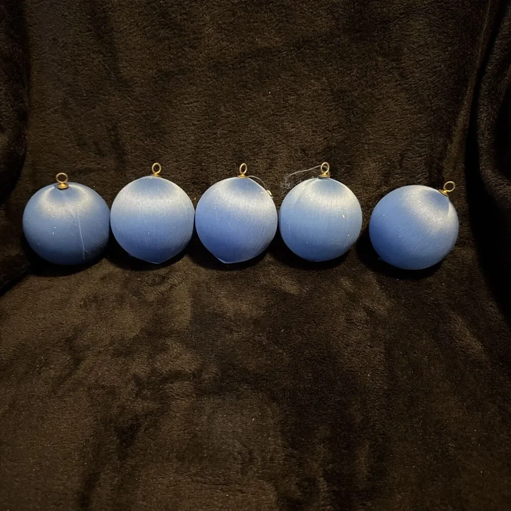 5 Vintage 60s Blue Satin Round Ball Christmas Ornaments Unbreakable